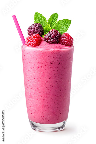 Glass of smoothie with a blend of berries commercial advertising photo, isolated on white background