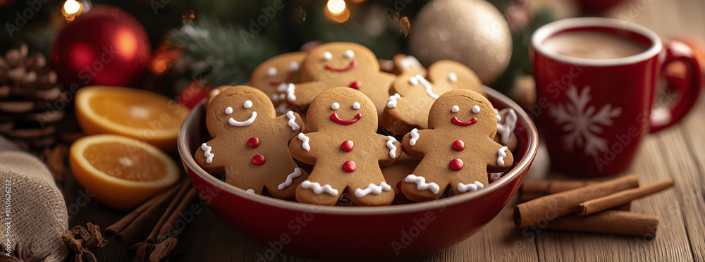 A bowl of gingerbread cookies, with cinnamon sticks, orange slices, and hot cocoa in red mugs on the side. Decorations such as Christmas trees and processional are in the background on a wooden table A bowl of gingerbread cookies, with cinnamon sticks, orange slices, and hot cocoa in red mugs on the side. Decorations such as Christmas trees and processional are in the background on a wooden table