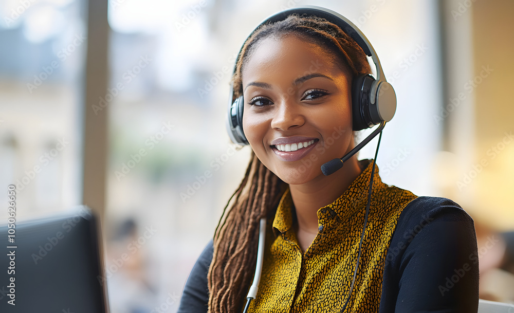 © Prasanth - African woman, call center agent or smile with voip for consulting, listening or contact us in office. Female consultant, customer service or tech support crm with headphones, microphone or help desk