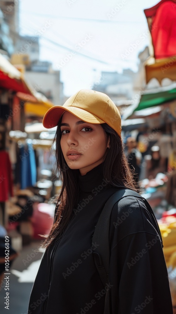 A young Middle Eastern woman strolls through a lively marketplace with vibrant stalls around her A young Middle Eastern woman strolls through a lively marketplace with vibrant stalls around her