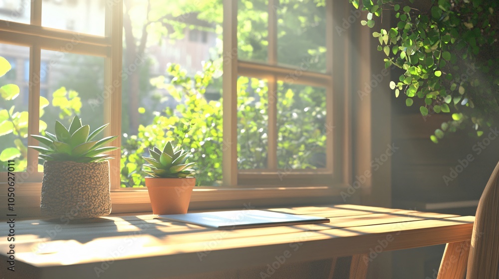Fototapeta premium Bright Minimalist Workspace with Natural Elements
