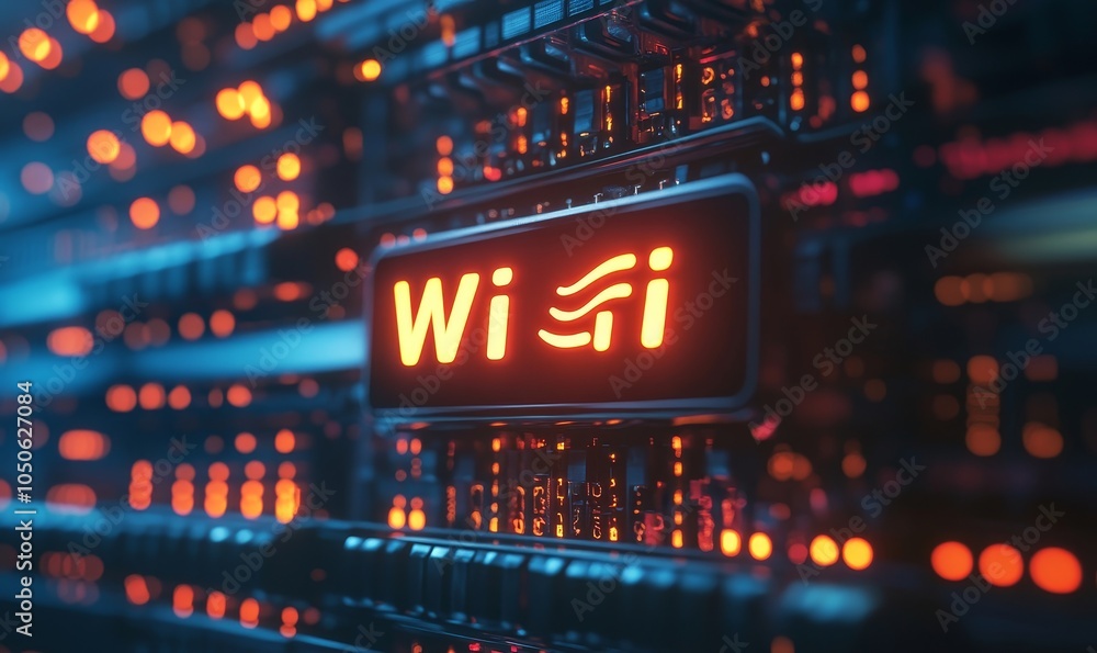 Next-Generation Wireless Technology: The concept of Wi-Fi 7 connectivity showcased through illuminated text on a dynamic, high-tech server background, Generative AI Next-Generation Wireless Technology: The concept of Wi-Fi 7 connectivity showcased through illuminated text on a dynamic, high-tech server background, Generative AI