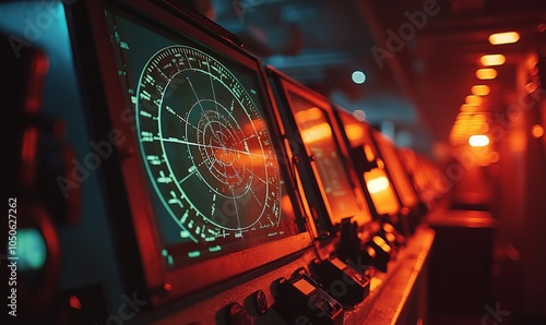 Advanced maritime navigation radar screen glowing in a dimly lit ship's bridge, highlighting the sophisticated technology used for marine travel, Generative AI