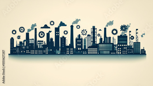 Industrial-Themed Design Showcasing Silhouettes Of Factory Buildings, Smokestacks, And Gear Icons In A Subtle Gray Scale On A Pure White Background, Symbolizing Production And Efficiency