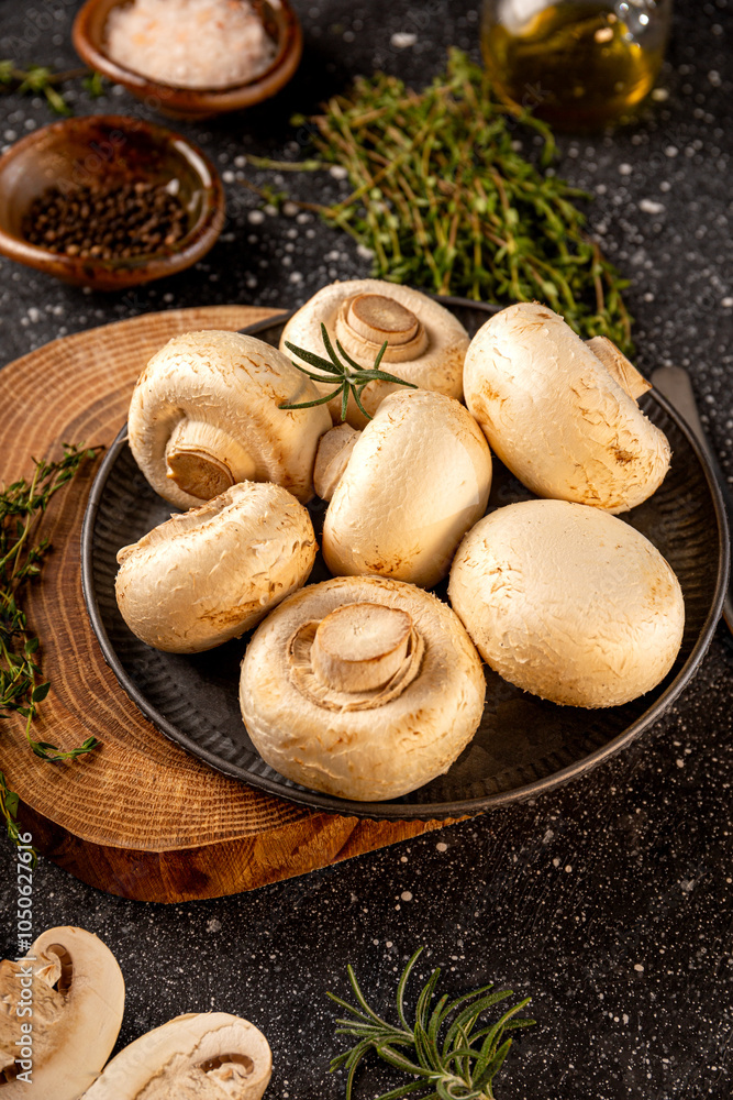 Fototapeta premium Fresh raw champignon mushrooms on gray background vertical photo