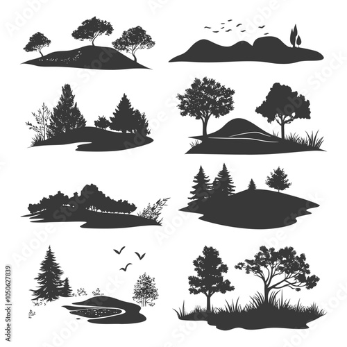 Collection of Black and White Silhouettes Depicting Various Landscapes with Trees and Hills