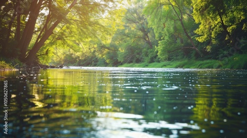 A tranquil river with flowing water, outdoor setting with overhanging trees, Serene style photo