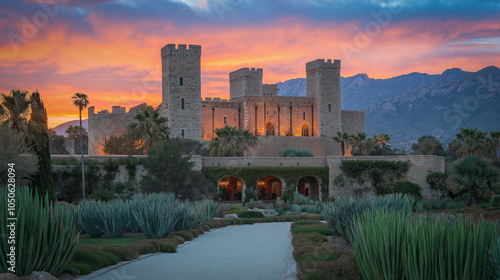 Majestic Landscape Featuring A Sprawling Castle Atop A Hill, Surrounded By Lush Gardens And Towering Mountains, All Under A Dramatic Sunset Sky Filled With Vibrant Colors
