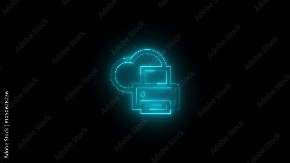 Neon cloud printer icon glowing black background animation Neon cloud printer icon glowing black background animation
