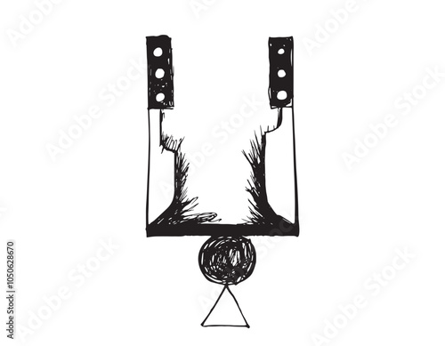 Black ink drawing - expressive and slightly careless style. Metaphor illustration. Instability of the world. Two knives balancing on ball. Scales convey - imbalance concept, War and Peace idea.