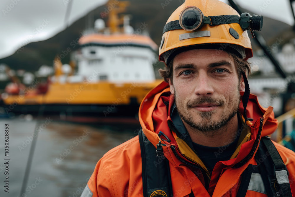 Worker on an ice shelf conducts research near a ship in a polar region of the world