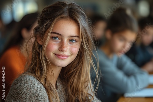Wallpaper Mural Excited European schoolgirl seated at her desk, looking up with joy and eagerness in a lively classroom Torontodigital.ca