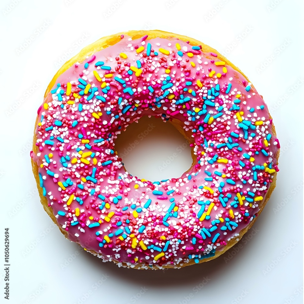 Delicious Pink Frosted Donut with Colorful Sprinkles on White Background, Perfect for Celebrations and Sweet Treats. Delicious Pink Frosted Donut with Colorful Sprinkles on White Background, Perfect for Celebrations and Sweet Treats.