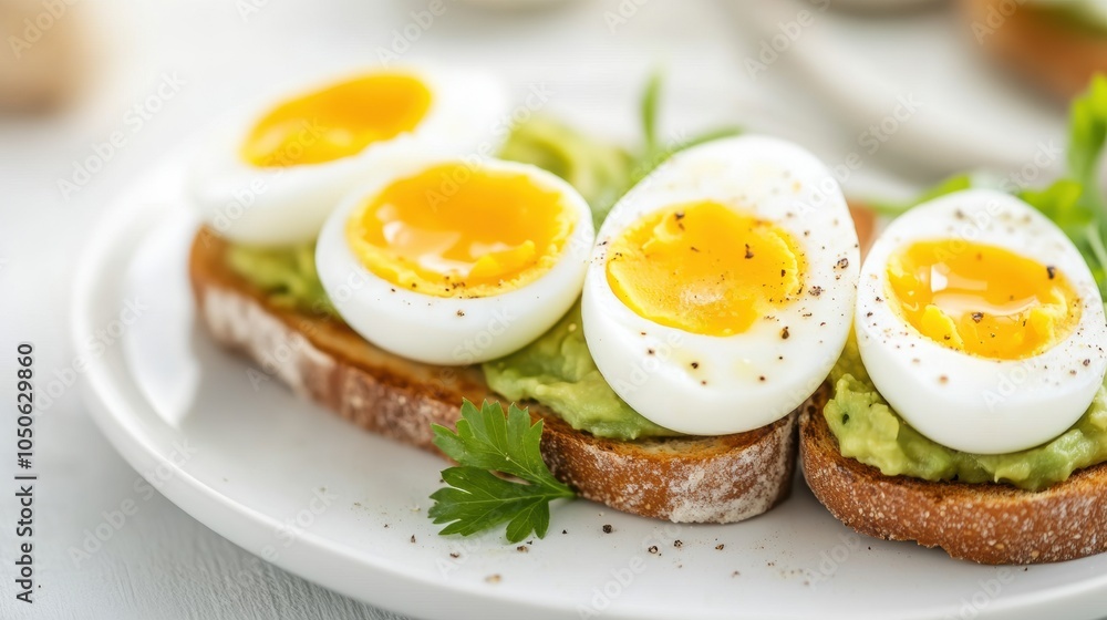 Avocado toast topped with perfectly cooked soft-boiled eggs on a white plate, AI