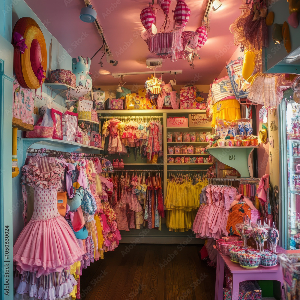 Fototapeta premium Discover charming candy-colored clothing stores, brimming with stylish, fancy outfits that add a pop of fun to your wardrobe.