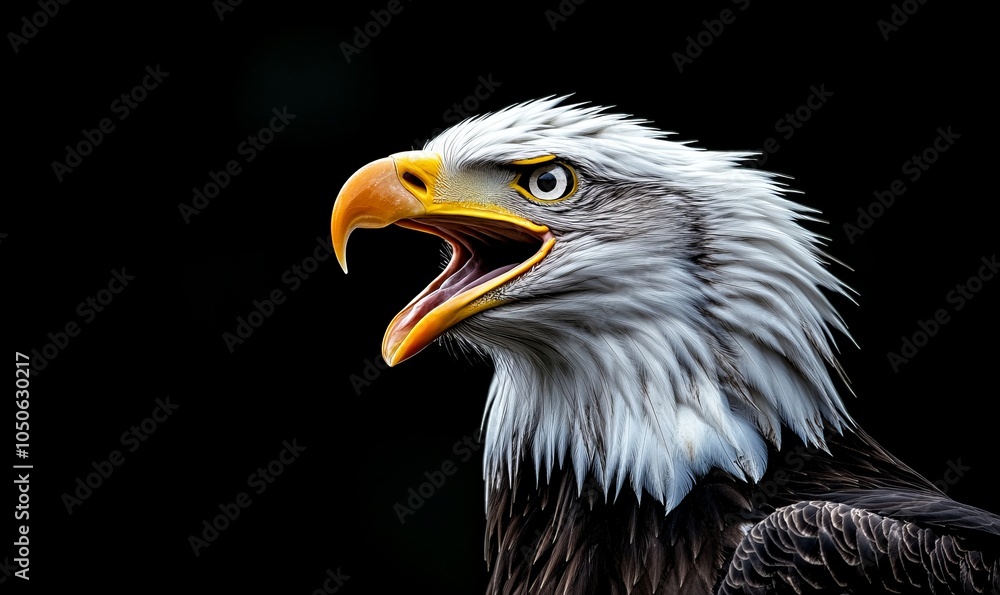 Majestic bald eagle portrait with open beak against a dark background, showcasing the fierce beauty and strength of this iconic bird of prey, Generative AI Majestic bald eagle portrait with open beak against a dark background, showcasing the fierce beauty and strength of this iconic bird of prey, Generative AI