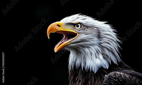Majestic bald eagle portrait with open beak against a dark background, showcasing the fierce beauty and strength of this iconic bird of prey, Generative AI