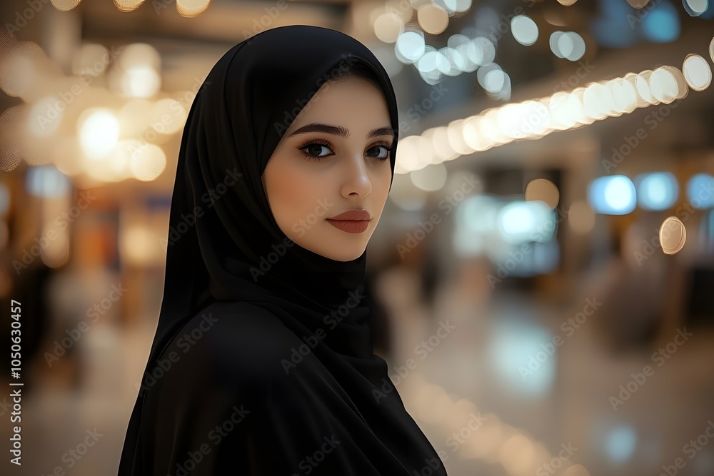 Arabian Woman wearing an elegant black hijab, standing gracefully in a luxurious shopping mall, copy space Arabian Woman wearing an elegant black hijab, standing gracefully in a luxurious shopping mall, copy space