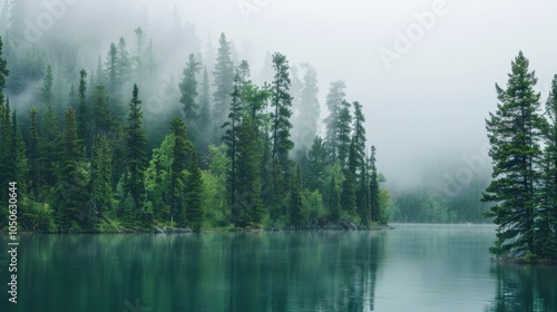 A tranquil view of a secluded lake in Canada with lush pine forests surrounding it and a misty morning fog, serene setting with soft greens and blues, Wilderness style