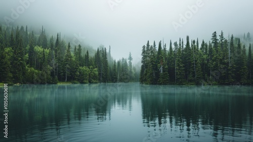 A tranquil view of a secluded lake in Canada with lush pine forests surrounding it and a misty morning fog, serene setting with soft greens and blues, Wilderness style