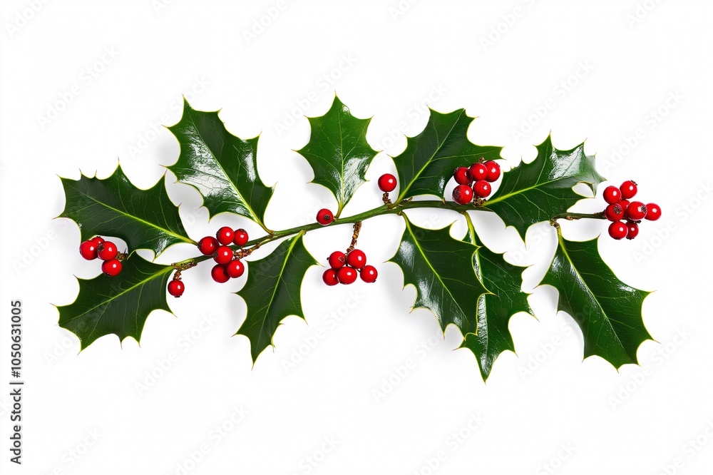 Sprig of holly with bright red berries is lying on a white background, adding a festive touch to the holiday season Sprig of holly with bright red berries is lying on a white background, adding a festive touch to the holiday season