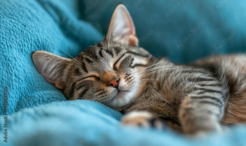 Fototapeta premium Gray Tabby Cat Relaxing on Blue Background, Looking at Camera, Expressive Pose, Animal Photography, Cute Domestic Feline, Calm and Serene Moment, Ideal for Pet Love and Feline, Generative AI