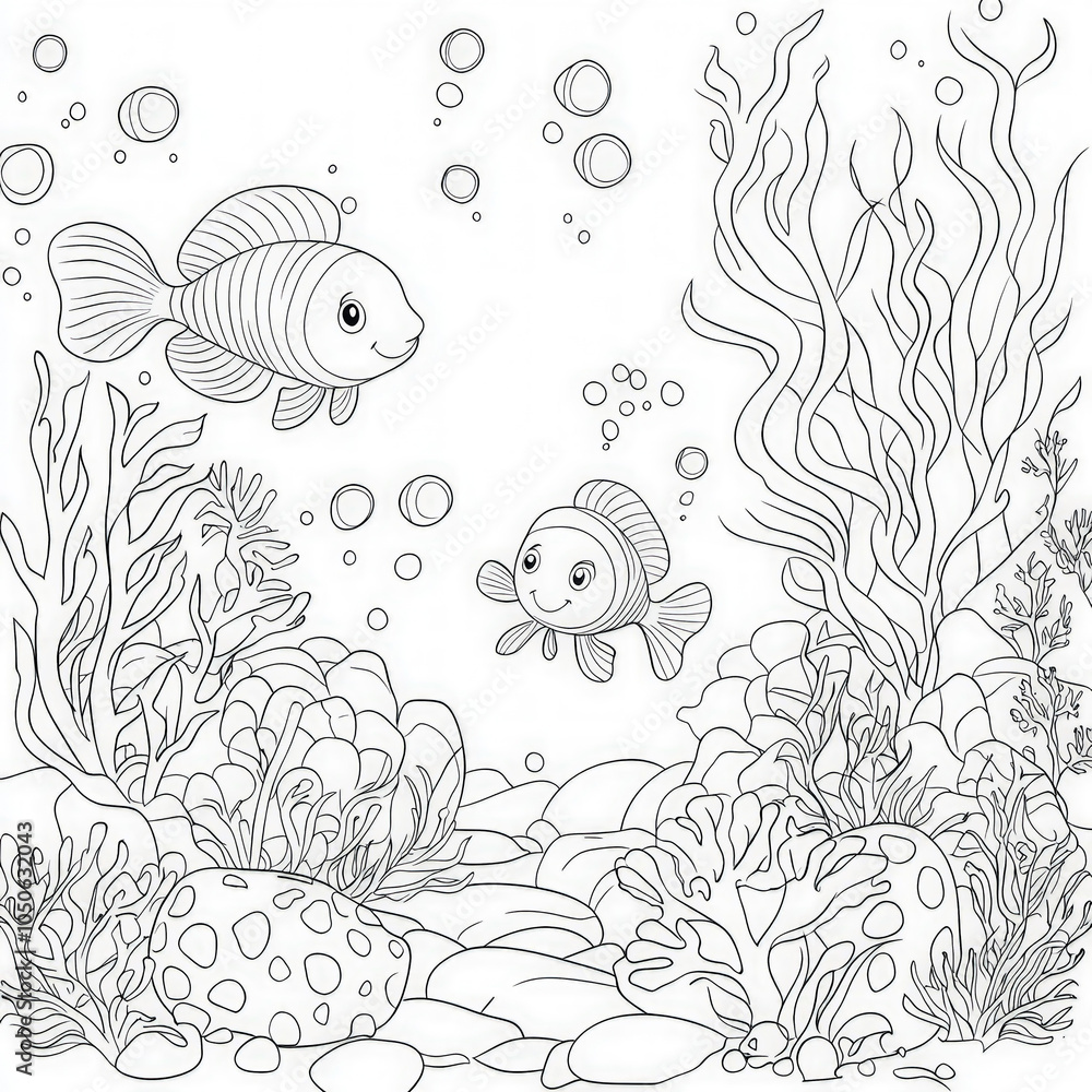 Fototapeta premium Underwater scene with colorful fish and coral, coloring page for kids, simple outline illustration. Coloring book, simple lines.