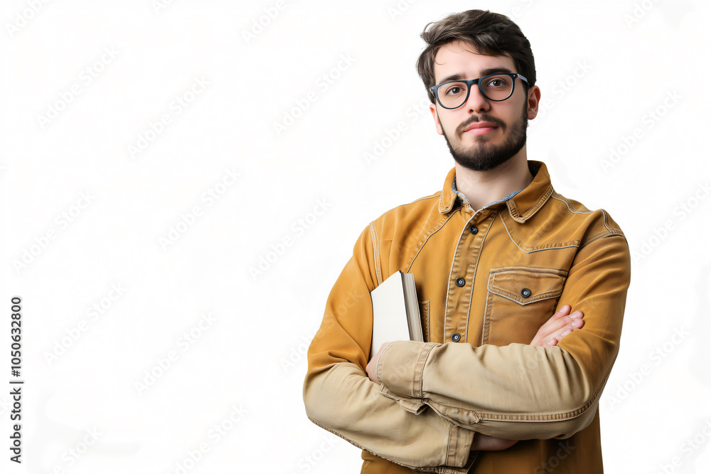 Obraz premium Young adult male student is standing on a white background holding books and crossing his arms