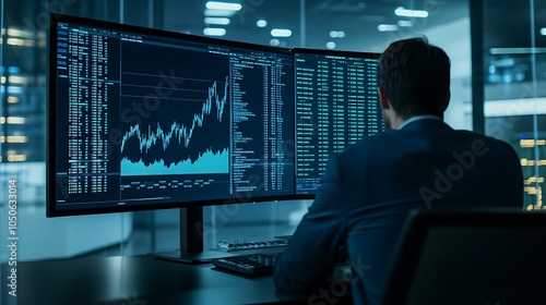 A financial analyst focused on stock market trends displayed on a large monitor in a sleek, modern office.