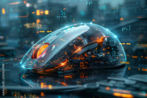A high-tech gaming mouse, glowing with bright neon colors, rests on a reflective surface surrounded by a complex digital backdrop with vibrant circuitry and lights