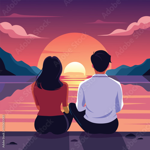 couple with black hair sitting down watching sunset