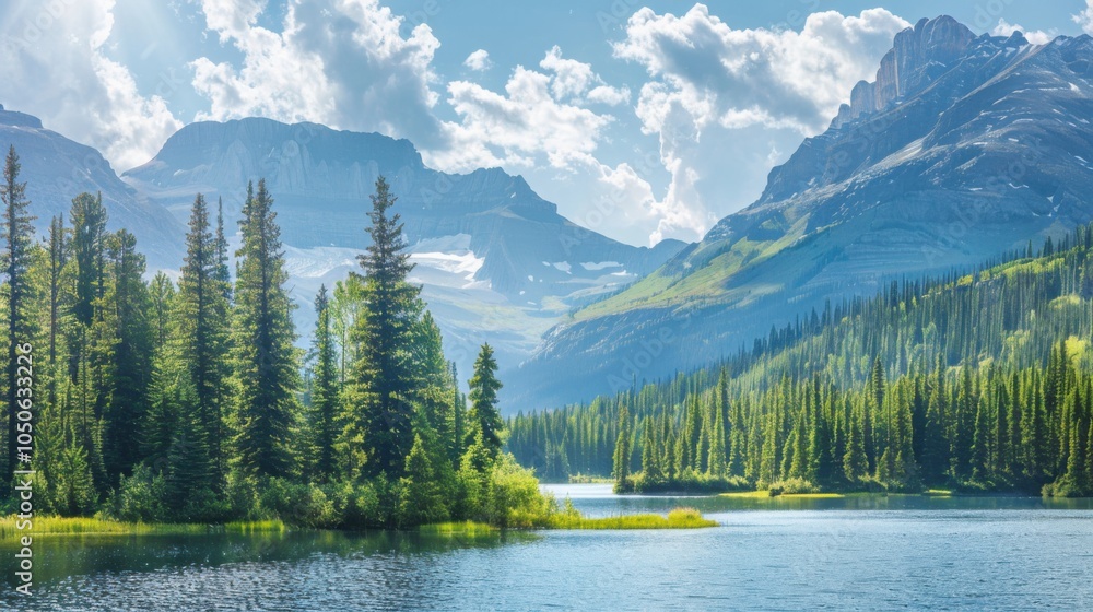 A tranquil view of the Canadian Rockies with pristine lakes and dense evergreen forests under a bright, sunny sky, mountainous setting with serene natural beauty A tranquil view of the Canadian Rockies with pristine lakes and dense evergreen forests under a bright, sunny sky, mountainous setting with serene natural beauty