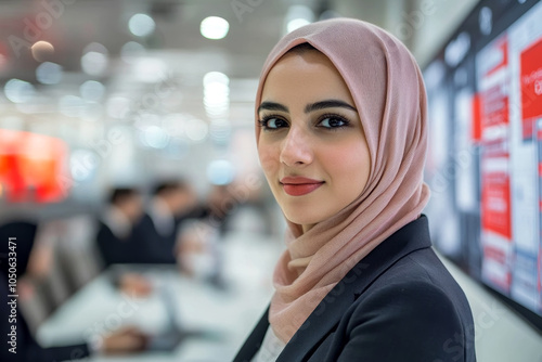 Confident Muslim Female Leader Overseeing a Business Meeting in a Modern Corporate Conference Room Setting photo