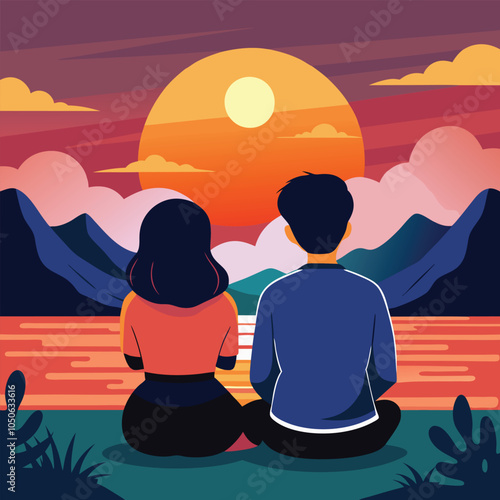 couple with black hair sitting down watching sunset