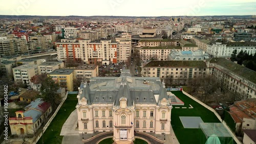 Top Down Push In to Museum of Art in Craiova Romania Extra Wide