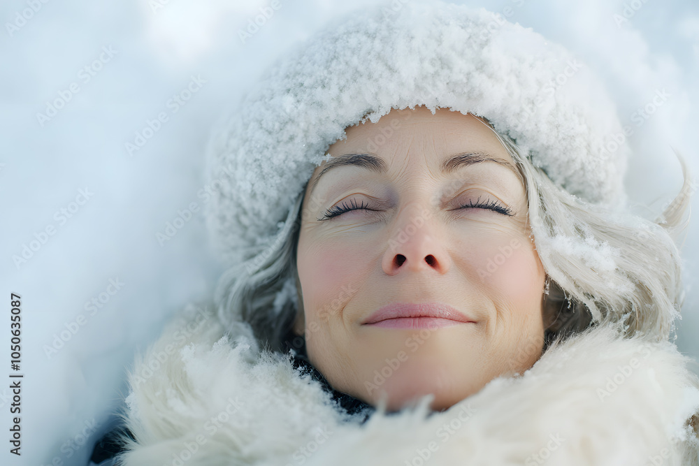 Mature adult caucasian woman in warm clothes relaxing and breathing fresh winter air Mature adult caucasian woman in warm clothes relaxing and breathing fresh winter air