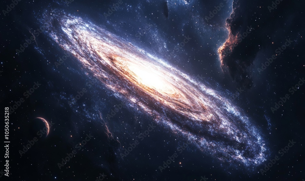 Fototapeta premium Swirling Galaxy and Nebula Cosmic Voyage, Celestial Dance of Stars and Distant Planet, Energy of Dark Matter in Deep Space, Glowing Starry Night Sky, Generative AI