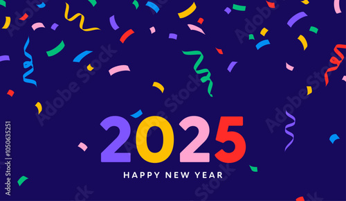 2025 card, colorful serpentine and confetti, New Year design
