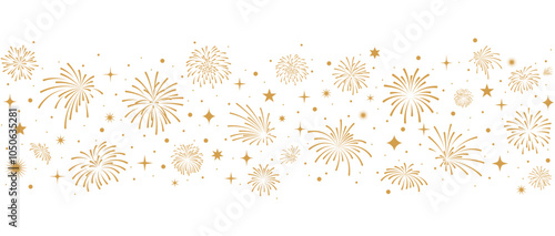 Fireworks border, New Year banner, gold fireworks and stars