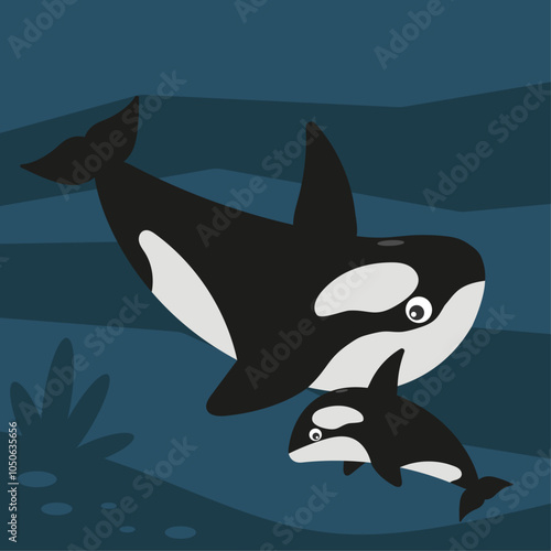 Image vectorielle d'une orque et son petit au fond d'un océan.