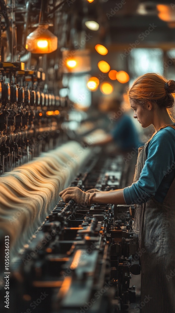 Textile Mill Worker Operating Spinning Machines in Industrial Fabric Production Setting with Focus on Intricate Manufacturing Details, Generative AI Textile Mill Worker Operating Spinning Machines in Industrial Fabric Production Setting with Focus on Intricate Manufacturing Details, Generative AI