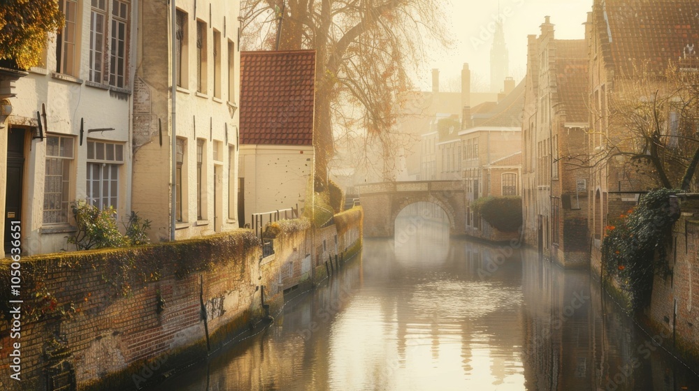 Fototapeta premium A tranquil view of the historic town of Bruges with its medieval architecture, winding canals, and picturesque cobblestone streets