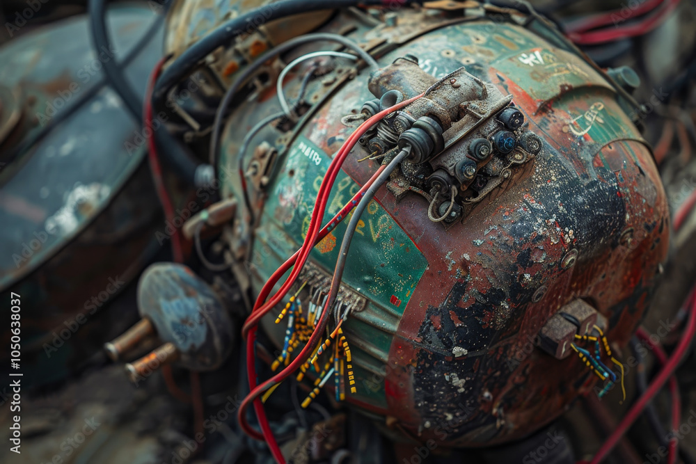 A close view reveals a weathered mechanical component with colorful wiring, showcasing signs of rust and wear found in a scrap yard under natural light A close view reveals a weathered mechanical component with colorful wiring, showcasing signs of rust and wear found in a scrap yard under natural light