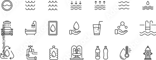 Water drops icon set. Water, Icon, Drop, Waves on the water surface, Raindrop Silhouette. Waterproof, water line vector icon illustration.