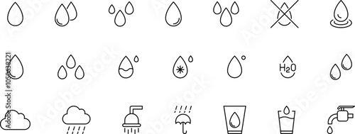 Water drops icon set. Water, Icon, Drop, Waves on the water surface, Raindrop Silhouette. Waterproof, water line vector icon illustration.