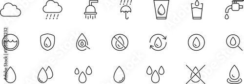 Water drops icon set. Water, Icon, Drop, Waves on the water surface, Raindrop Silhouette. Waterproof, water line vector icon illustration.