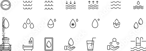 Water drops icon set. Water, Icon, Drop, Waves on the water surface, Raindrop Silhouette. Waterproof, water line vector icon illustration.