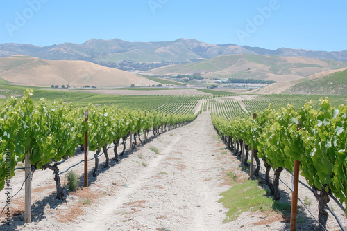 A tranquil vineyard with rows of grapevines stretching into the distance.