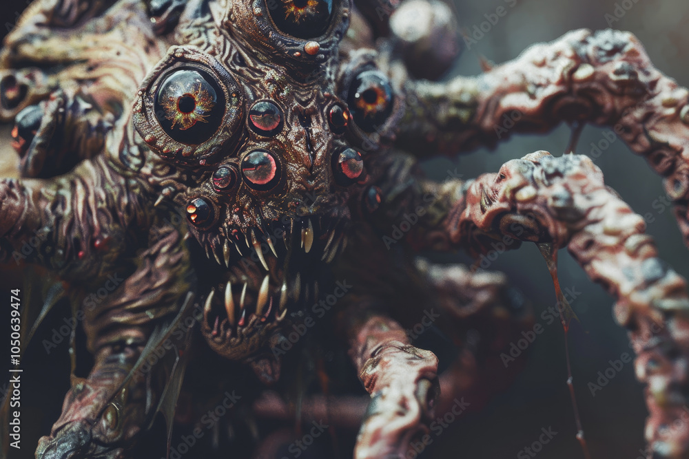 The creature features numerous eyes and menacing fangs, emerging from shadows. Its grotesque appearance adds to the eerie atmosphere of the dimly lit environment The creature features numerous eyes and menacing fangs, emerging from shadows. Its grotesque appearance adds to the eerie atmosphere of the dimly lit environment