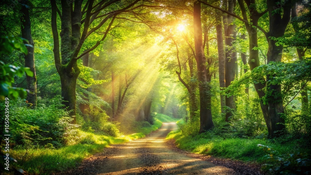 Naklejka premium Enchanted Forest Pathway with Bokeh Effect for Nature Lovers and Tranquil Retreats